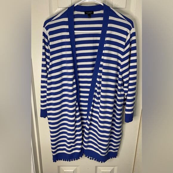 Talbots Sweaters - Talbots Blue White Stripe Coastal Lightweight Open Front Cardigan Pom Pom 3XP